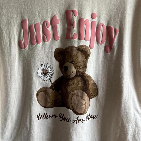 Women's Short Sleeve "Just Enjoy Where You Are" Boxy Graphic T Shirt  with Bear - Picture 2 of 6